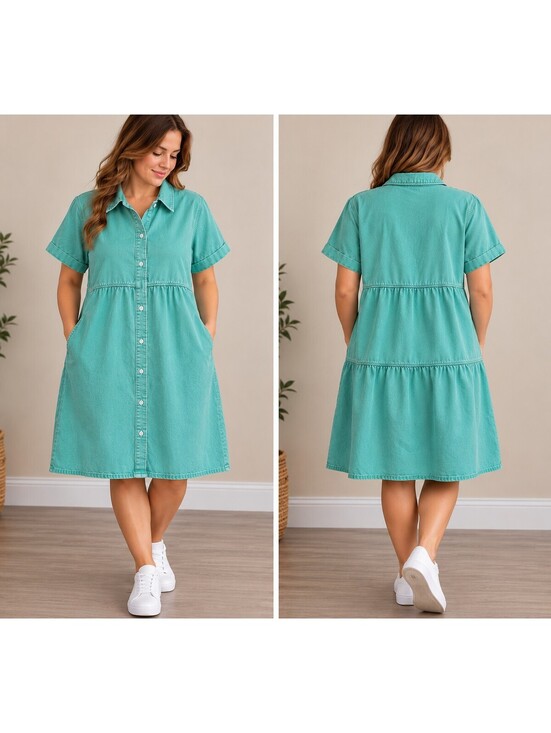 Dresses & Skirts - Women's Mint Green Cotton Tiered Shirt Dress Size L Button Front Short Sleeve